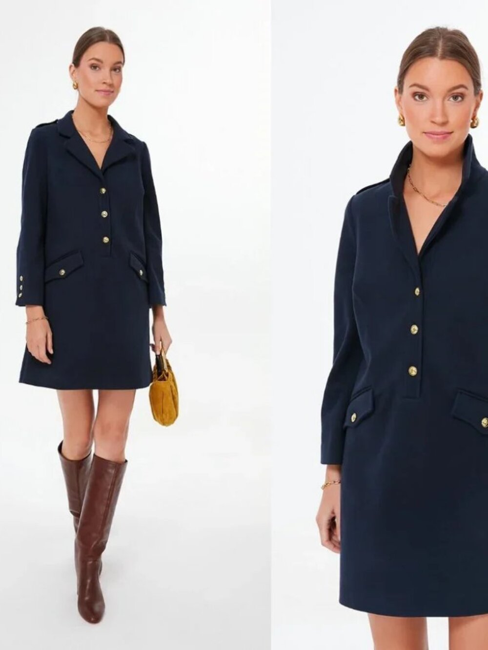 Tuckernuck | NEW Navy Malia Long Sleeve Gold Button Dress Size S